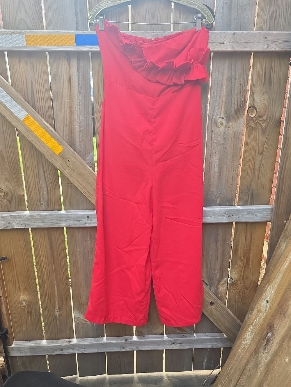 Red Ruffle-Trim Wide Leg Jumpsuit